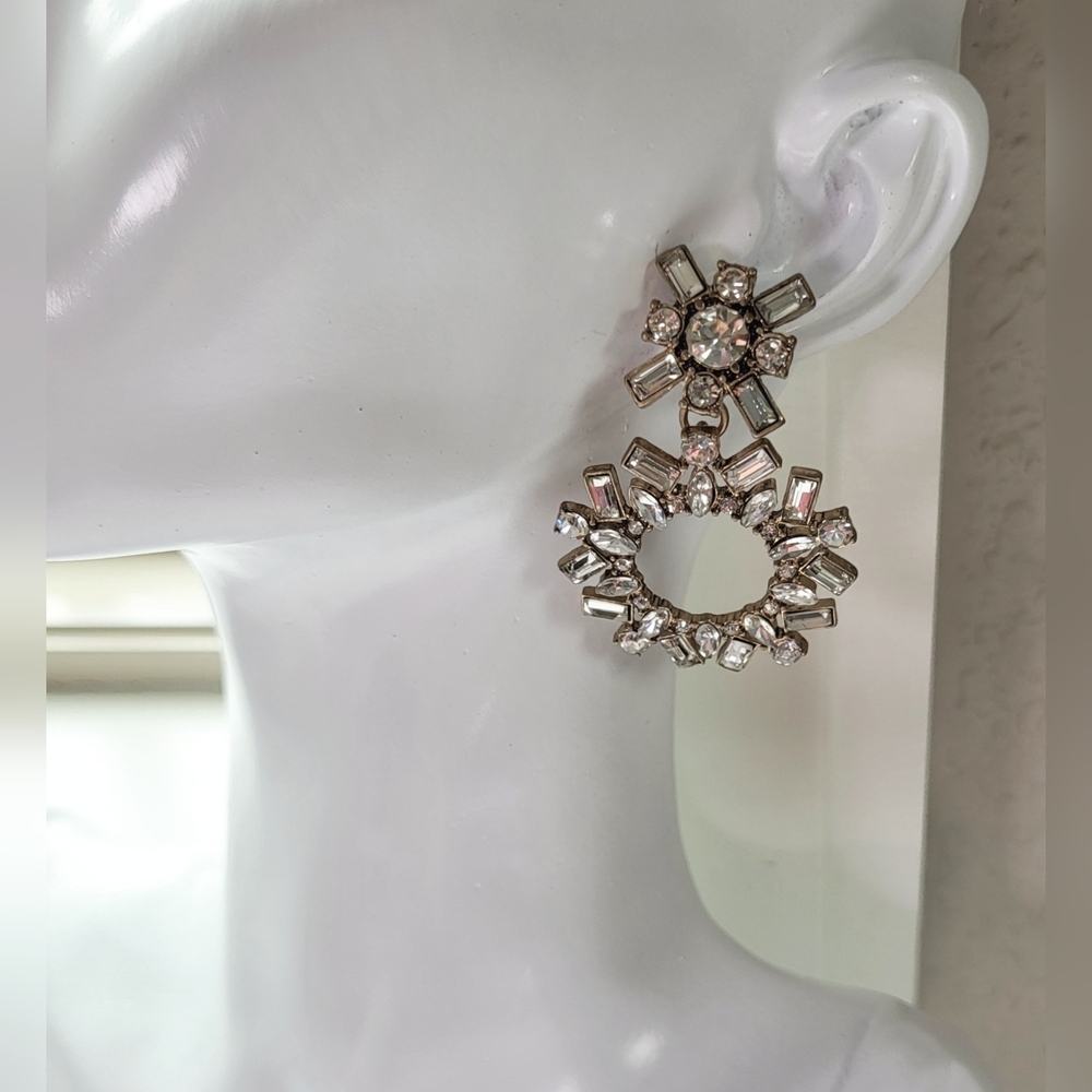 Rhinestone Circle Drop Statement Earrings / Pierced - Picture 3 of 7